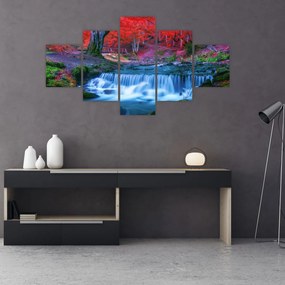 Obraz wodospadu w czerwonym lesie (125x70 cm)