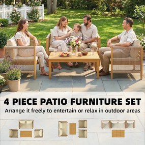 Outsunny Zestaw mebli ogrodowych z drewna dla 4 osób – kanapa, 2 fotele, stolik, dekoracja z lin, lamelowe wykończenie, zdejmowane poduszki | Aosom PL