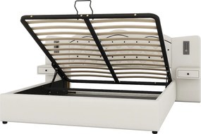 Nowoczesne łóżko z pojemnikiem 180 x 200 cm - 2 szafki nocne, 2 lampki nocne i USB - Tkanina lniana - Beż