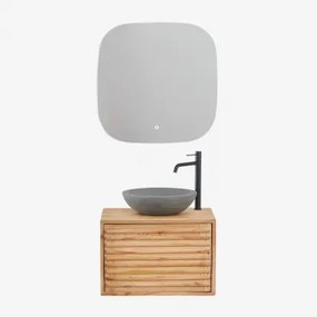 Zestaw Wiszących Mebli Łazienkowych Z Drewna Deleyna Naturalna & Okrągły Szary Cement Ø40 Cm Tarsis & Kwadratowa Lampa - Sklum