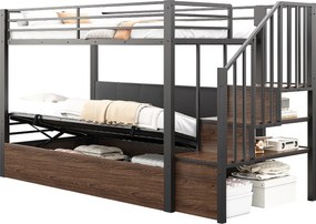 Metalowe łóżko piętrowe dla dzieci - 90 x 200 cm - z hydraulicznym schowkiem i drabinką - czarne