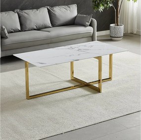 Prostokątny stolik kawowy – Hartowane szkło z efektem białego marmuru – Złoty metal – CHIARA