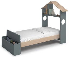 Łóżko dziecięce w dekorze sosny w kształcie domku ze schowkiem ze stelażem 90x190 cm w naturalnym kolorze/szarozielone Odessa – Marckeric
