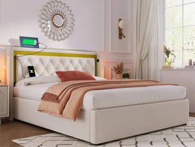 Łóżko z pojemnikiem 140x200cm z bawełny z LED i portami USB - z stelażem na listwy - Beżowe