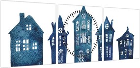 Obraz - Niebieskie domy akwarelowe (z zegarem) (90x30 cm)