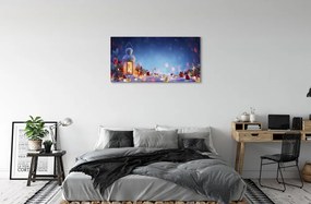 Obraz na płótnie Lampion, Śnieg, Gałązki i Bombki