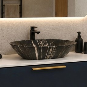 Umywalka ceramiczna nablatowa marmurowa owalna czarna 60 x 42 cm MARMO black matt