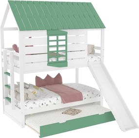 Łóżko piętrowe dla dzieci - 2 x 90 x 200 cm + 90 x 190 cm - ze zjeżdżalnią + łóżko wysuwane - MDF + sosna - zielony