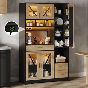 Kredens kuchenny w stylu stodoły Hayt - 105 x 40 x 185 cm - z półkami + szufladami + diodami LED + drzwiami - MDF - czarny + naturalny