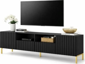 Czarna szafka rtv glamour z lamelami na złotych nogach T6-P00