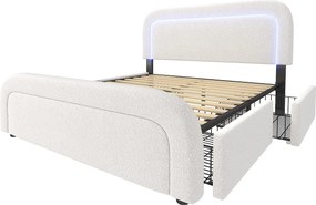 Łóżko podwójne tapicerowane w sherpa z 4 szufladami - 160x200cm - z LED i portami ładowania - Białe