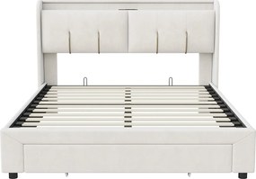 Łóżko z pojemnikiem 160x200 cm Biały Aksamit z LED, Portami USB, Hydraulicznym Schowkiem i Wbudowaną Szufladą – Styl Skandynawski
