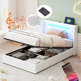 Łóżko ze schowkiem 90x200 cm - Biały PU - Łóżko dziecięce z ładowarką USB i odtwarzaczem Bluetooth - Oświetlenie LED - bez materaca