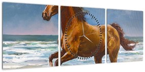 Obraz konia na plaży (z zegarem) (90x30 cm)