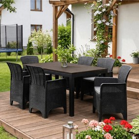 Zestaw Mebli Ogrodowych Stół ARGOS 140-180 cm Ciemnoszary Dąb/Czarny i 6x Fotel FRESNO Czarny Technorattan Nowoczesny