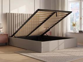 Łóżko ze skrzynią i pionowo przeszywanym zagłówkiem 140 x 190 cm - Sztruks - Beżowy + Materac - SARAH