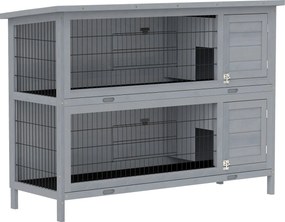 PawHut Klatka dla królików z drewna z 2 poziomami, dach z papy, tacki na dno, drzwi dla małych zwierząt, 136,4 x 50 x 93 cm, szara | Aosom PL