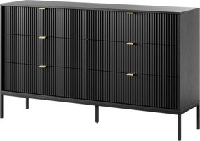 Komoda: 6 szuflad, czarna, czarne nogi, 154 x 39 x 83 cm, złote uchwyty