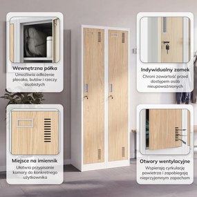 Szafka pracownicza dwukomorowa biała / dąb sonoma: Eco Design KACPER II, 600 x 1800 x 500 mm 