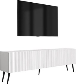 Szafka pod telewizor 170, fronty ryflowane, Biały Mat, nóżki pochyłe czarne, 170 × 32 × 52 cm