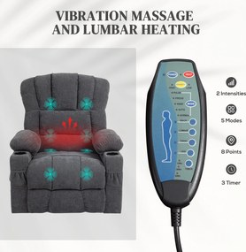 HOMCOM Elektryczny Fotel Powstańczy z Masowaniem i Podgrzewaniem, Złączami USB, Uchwytami na Kubki, Ciemnoszary