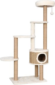 Drapak dla kota 148 cm z luksusową poduszką, drapakami z trawy morskiej i zawieszaną piłką – Beżowy, liczne półki i wbudowany domek