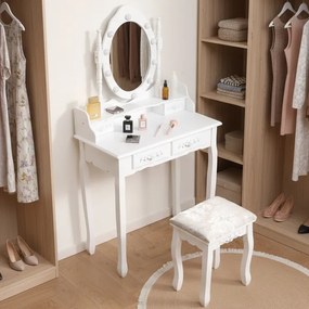 Toaletka retro z lustrem, taboretem i oświetleniem Noemi DT03, kolor biały