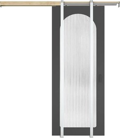 Przesuwne drzwi z systemem chowanym w ścianie z drewna i MDF - czarny łuk i szkło hartowane ryflowane - W205 x S93 cm - ODEZA