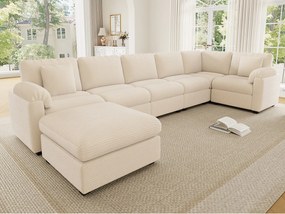 Extra duża sofa narożna w kształcie litery U dla 7 osób - aksamit prążkowany - z poduszkami i osobnym pufem - beżowy