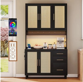 Komoda kuchenna z diodami LED - 100 x 40 x 183 cm - z USB + gniazdkami + regulowane półki + 3 szuflady - MDF - czarny