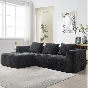 Narożna sofa rozkładana z tkaniny Chenille - 3-osobowa - z 3 poduszkami - Czarna - 250x158x60cm