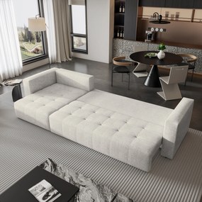 Masseno Narożnik OLVERA z funkcją spania i pojemnikiem na pościel Narozniki L, Rozkładana sofa - Kremowy, NEVE 02