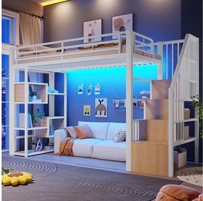 Łóżko piętrowe 90 x 200 cm ze schodkami do przechowywania, otwarte półki pod łóżkiem – Metal i płyta MDF – LED – Białe (Materac nie jest wliczony w cenę)
