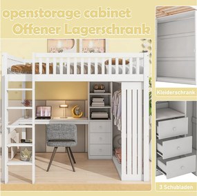 Łóżko antresola 140 x 200 cm z biurkiem, szafą i 3 szufladami - Sosna + MDF - Białe (bez materaca)