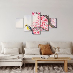 Obraz - ptak na drzewie z czerwonymi kwiatami (125x70 cm)
