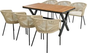 Zestaw stół i krzesła ogrodowe - 6 miejsc - 1 stół z drewna akacjowego i 6 krzeseł ozdobionych sznurkiem - Beżowy