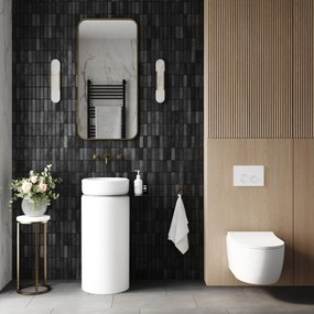 Zestaw łazienkowy z umywalką RONA z półką, miską wc, stelażem i przyciskiem | Różne kolory : Kolor zestawu - Biały połysk, Podłączenie syfonu - Do podłogi