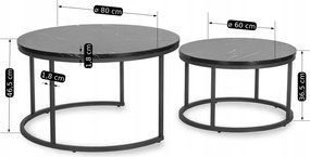 Zestaw Stolików Kawowych MAURO MAX 60 cm/80 cm Czarny Marmur Nowoczesny Glamour