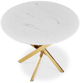 Stół Okrągły Szklany BALI 100 cm Biały Marmur/Złoty Glamour