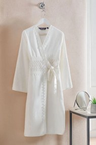 Damski elegancki szlafrok DEMET w ozdobnym opakowaniu S Śmietankowy