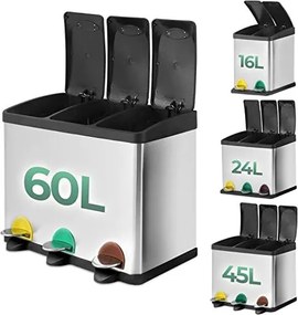 JAGO Kosz na śmieci z pedałem, stal nierdzewna, 3 x 20 L