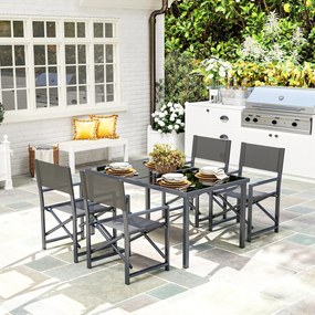 Zestaw mebli jadalnianych Outsunny 5-częściowy ze stali dla 4 osób, stół ze szklanym blatem i 4 składane krzesła, Szary