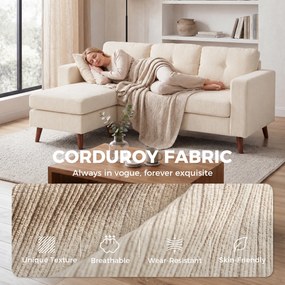 HOMCOM Narożnik 192 cm L-kształt 3-osobowa sofa z odwracalnym szezlongiem, wygląd sztruksu, do małych pomieszczeń, kremowo-biały | Aosom PL