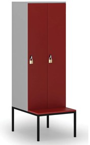 Drewniana szafa ubraniowa S4 z ławką, 2-drzwiowa, 1871 x 600 x 500/800 mm, demontaż, zamek obrotowy, szary/czerwony