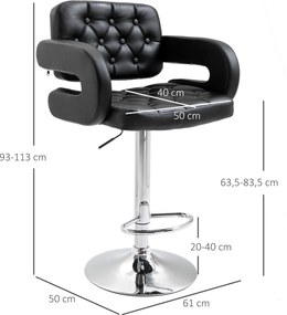 HOMCOM Hoker barowy, regulowany, obrotowy 360°, z metalowym stelażem, oparciem, podnóżkiem, 61x50x93-113 cm, czarny | Aosom PL