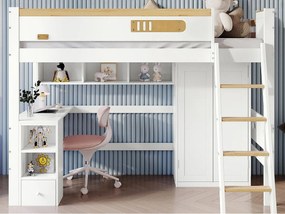 Łóżko mezzanine z drewna - 90x200 cm - z półkami, biurkiem i szafą - Białe