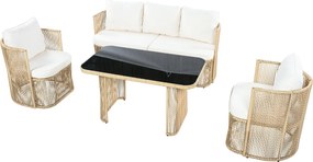 Zestaw mebli ogrodowych z rattanu 5-częściowy - w tym kanapa trzyosobowa - dwa fotele i stół szklany - Naturalny