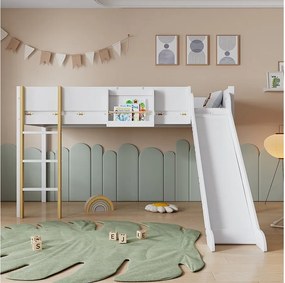 Łóżko dziecięce antresola 90x200 cm ze zjeżdżalnią i stelażem z listew, białe - bez materaca