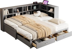 Rozkładana sofa - 90/180 x 190 cm - ze schowkiem + 2 szuflady + gniazdo - sosna + sklejka + MDF - szary