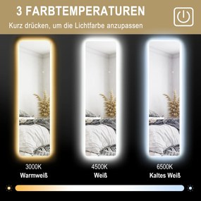 HOMCOM Lustro całociałowe z LED, sterowanie dotykowe, regulacja jasności, bezramowe, 40 x 150 cm